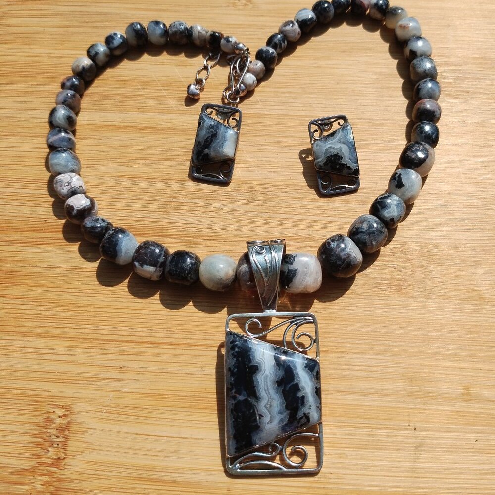 Jay King DTR mine finds crazy Lace Agate necklace pendant earrings set 925 Sterl